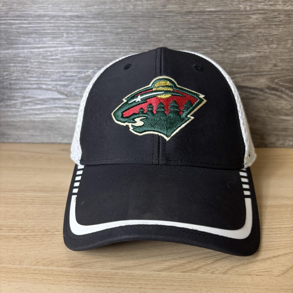 Minnesota Wild Hat Cap Strap Back Black White NHL Hockey Trucker Mesh Mens